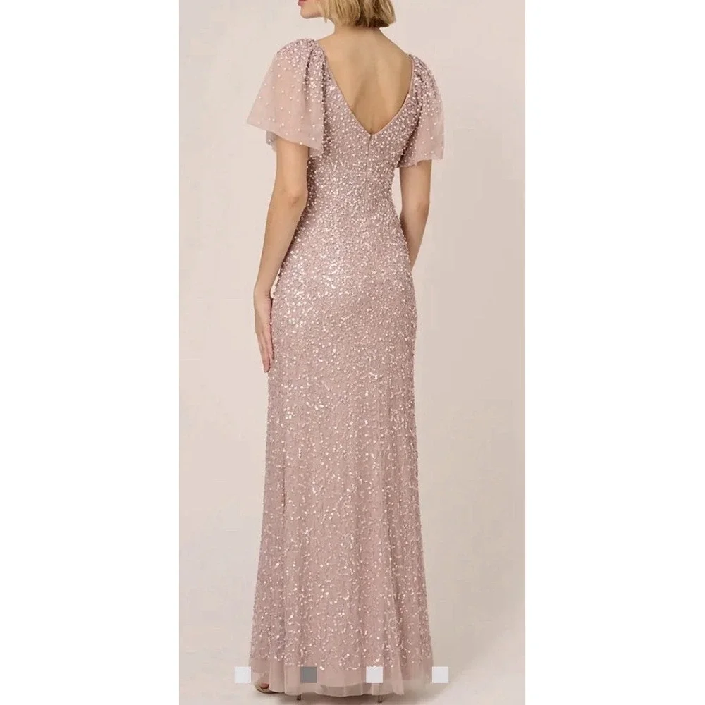 ADRIANNA PAPELL Pink Beaded Mesh Maxi Dress Size 6 Maxi